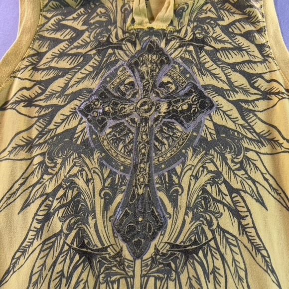 SK Apparel Youth L (10/12) Graphic Yellow Tank Top Cross Wings Tattoo Style - Picture 3 of 6